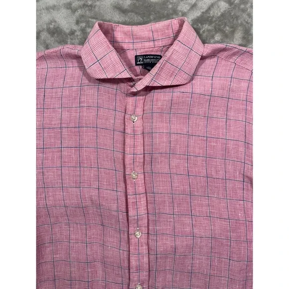 Lands End Baird McNutt Shirt Mens 15 1/2 33 Pink Irish Linen WindowPane Plaid - Picture 3 of 15